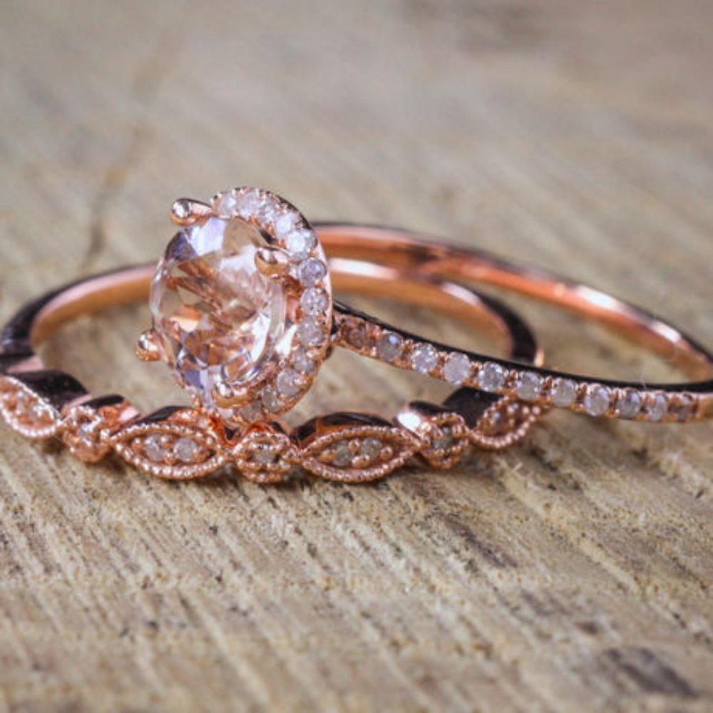 NEW 18K Rose Gold Pink&White Diamond 2P Ring Set - Picture 4 of 5